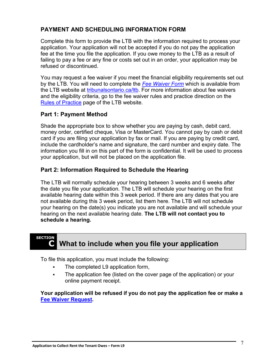 Instructions for Form L9 Application to Collect Rent the Tenant Owes - Ontario, Canada, Page 8