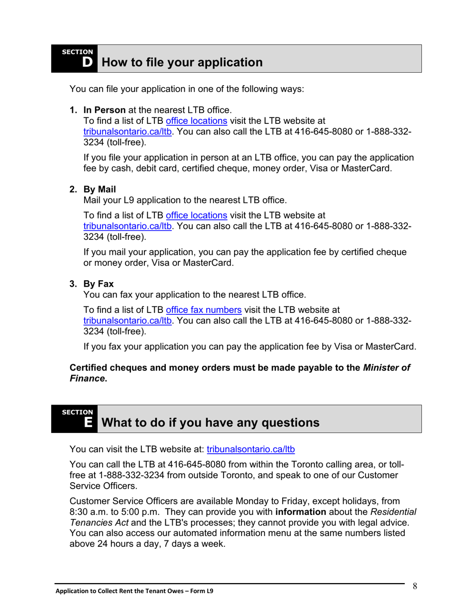 Instructions for Form L9 Application to Collect Rent the Tenant Owes - Ontario, Canada, Page 9