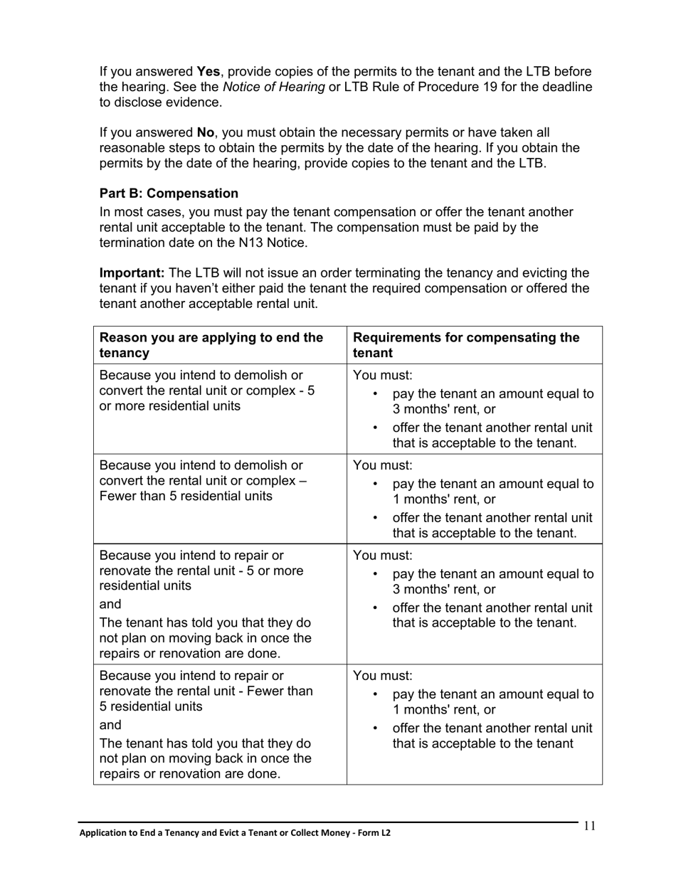 Instructions for Form L2 Application to End a Tenancy and Evict a Tenant or Collect Money - Ontario, Canada, Page 12