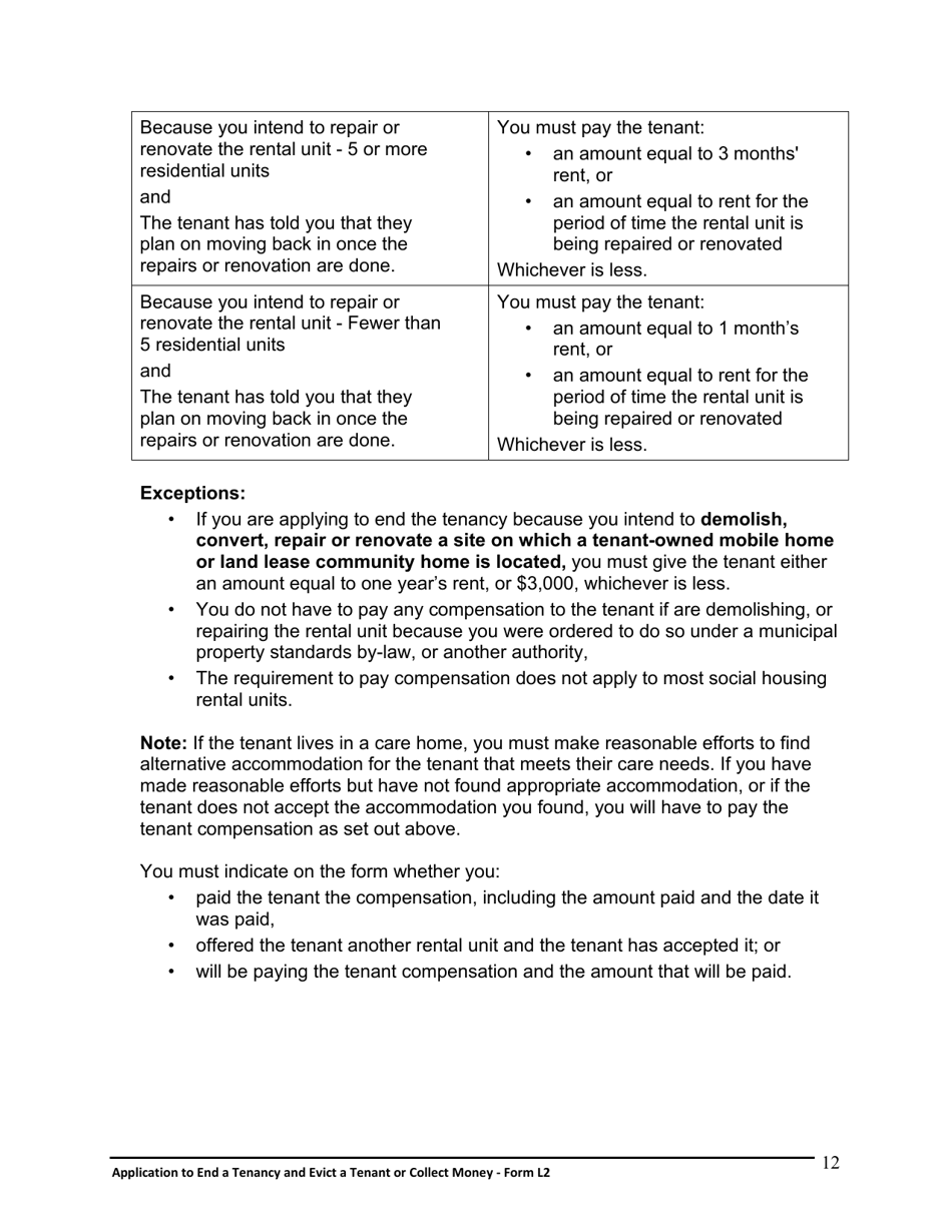 Instructions for Form L2 Application to End a Tenancy and Evict a Tenant or Collect Money - Ontario, Canada, Page 13