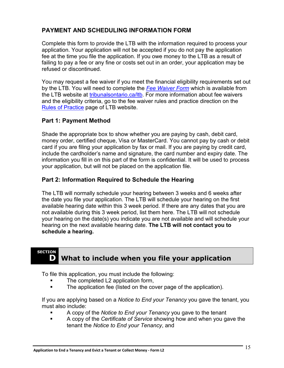 Instructions for Form L2 Application to End a Tenancy and Evict a Tenant or Collect Money - Ontario, Canada, Page 16