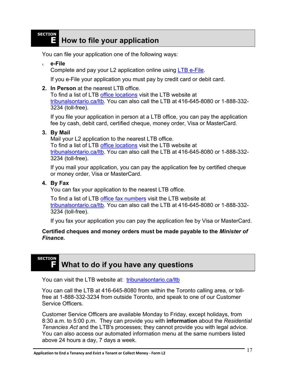 Instructions for Form L2 Application to End a Tenancy and Evict a Tenant or Collect Money - Ontario, Canada, Page 18