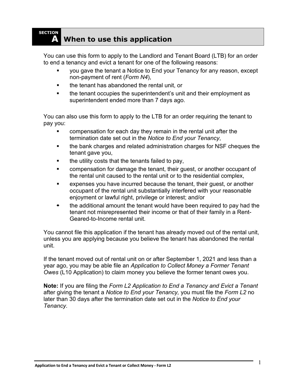 Instructions for Form L2 Application to End a Tenancy and Evict a Tenant or Collect Money - Ontario, Canada, Page 2