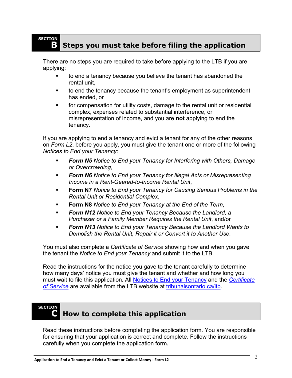 Instructions for Form L2 Application to End a Tenancy and Evict a Tenant or Collect Money - Ontario, Canada, Page 3