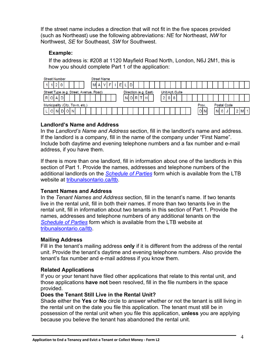 Instructions for Form L2 Application to End a Tenancy and Evict a Tenant or Collect Money - Ontario, Canada, Page 5