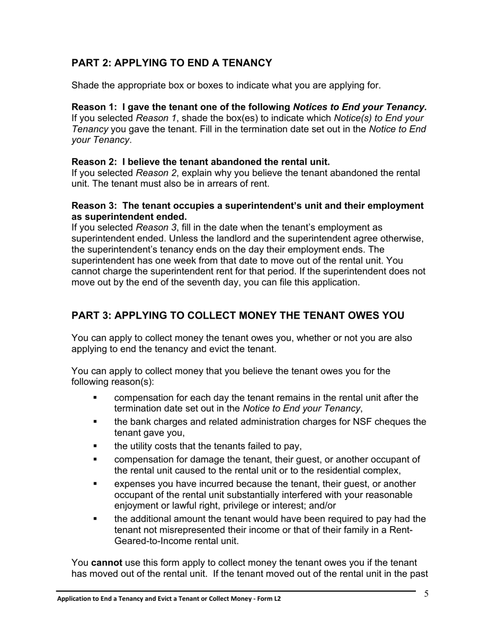 Instructions for Form L2 Application to End a Tenancy and Evict a Tenant or Collect Money - Ontario, Canada, Page 6