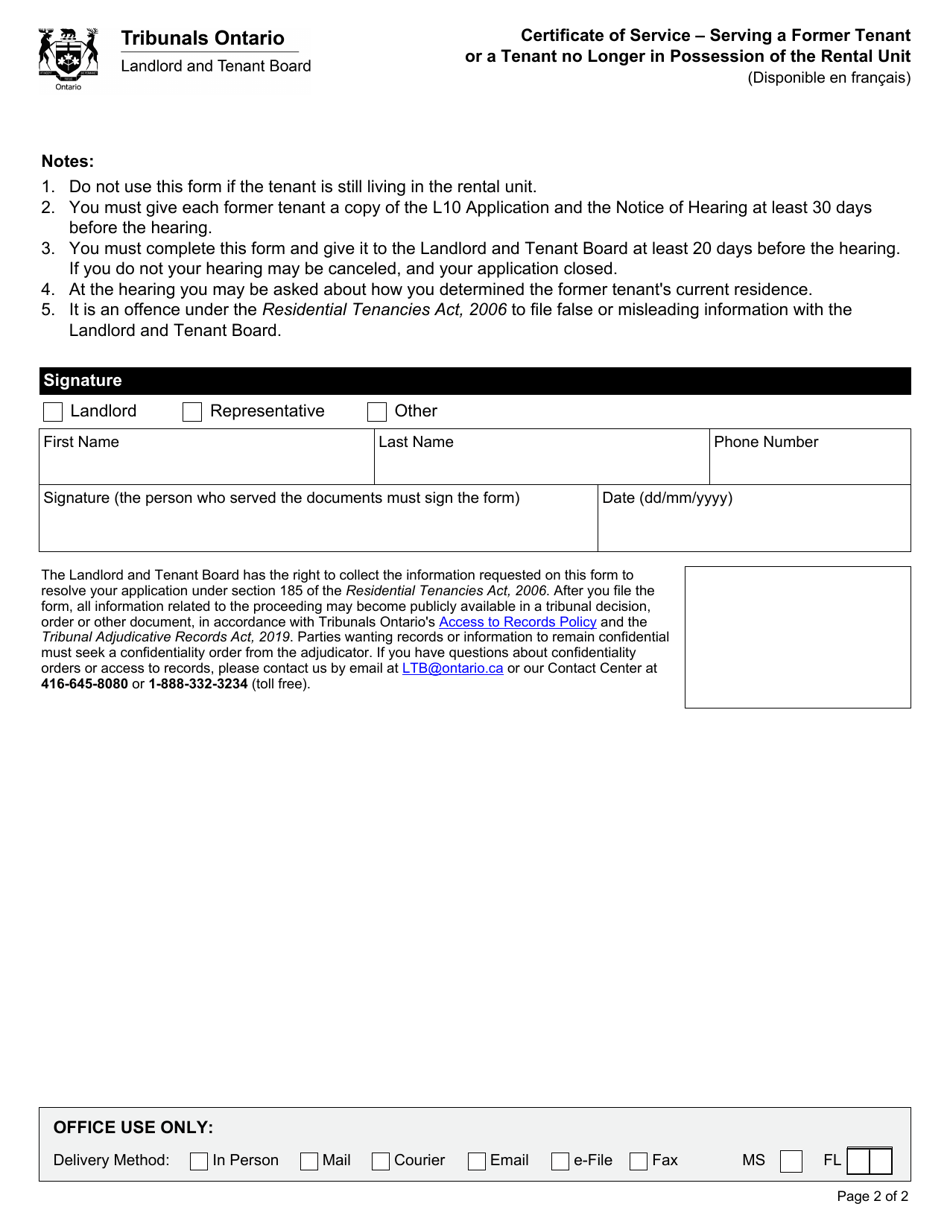 Certificate of Service - Serving a Former Tenant or a Tenant No Longer in Possession of the Rental Unit - Ontario, Canada, Page 2