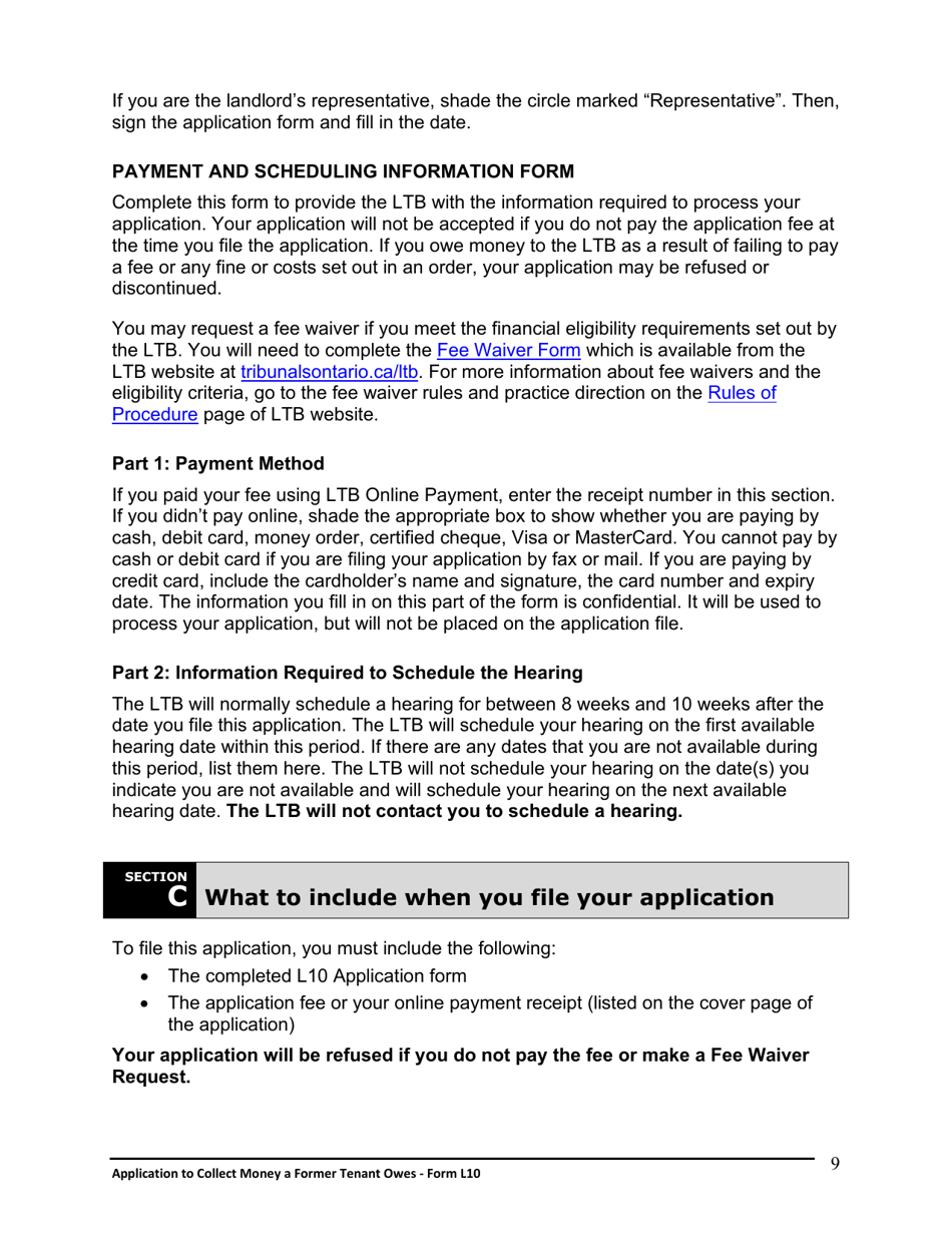 Instructions for Form L10 Application to Collect Money a Former Tenant Owes - Ontario, Canada, Page 10