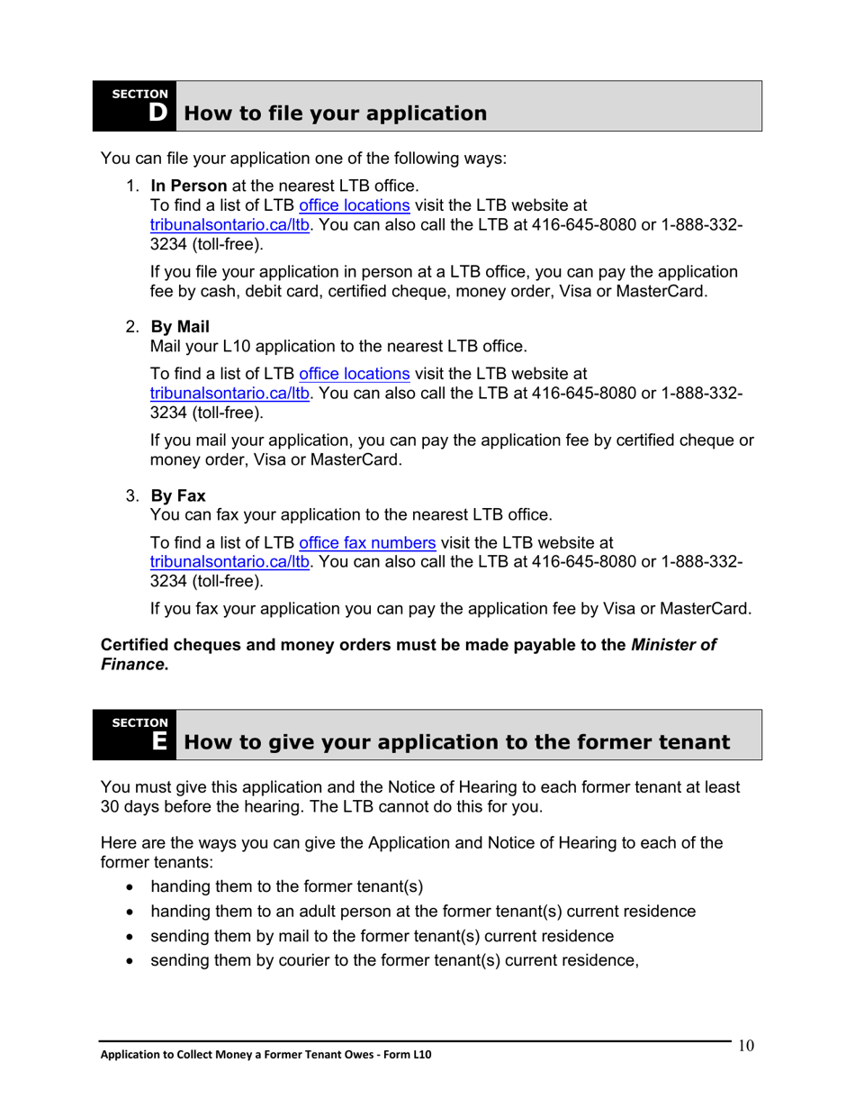 Instructions for Form L10 Application to Collect Money a Former Tenant Owes - Ontario, Canada, Page 11