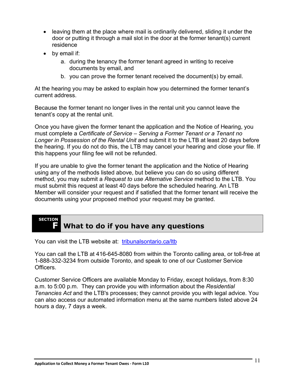 Instructions for Form L10 Application to Collect Money a Former Tenant Owes - Ontario, Canada, Page 12