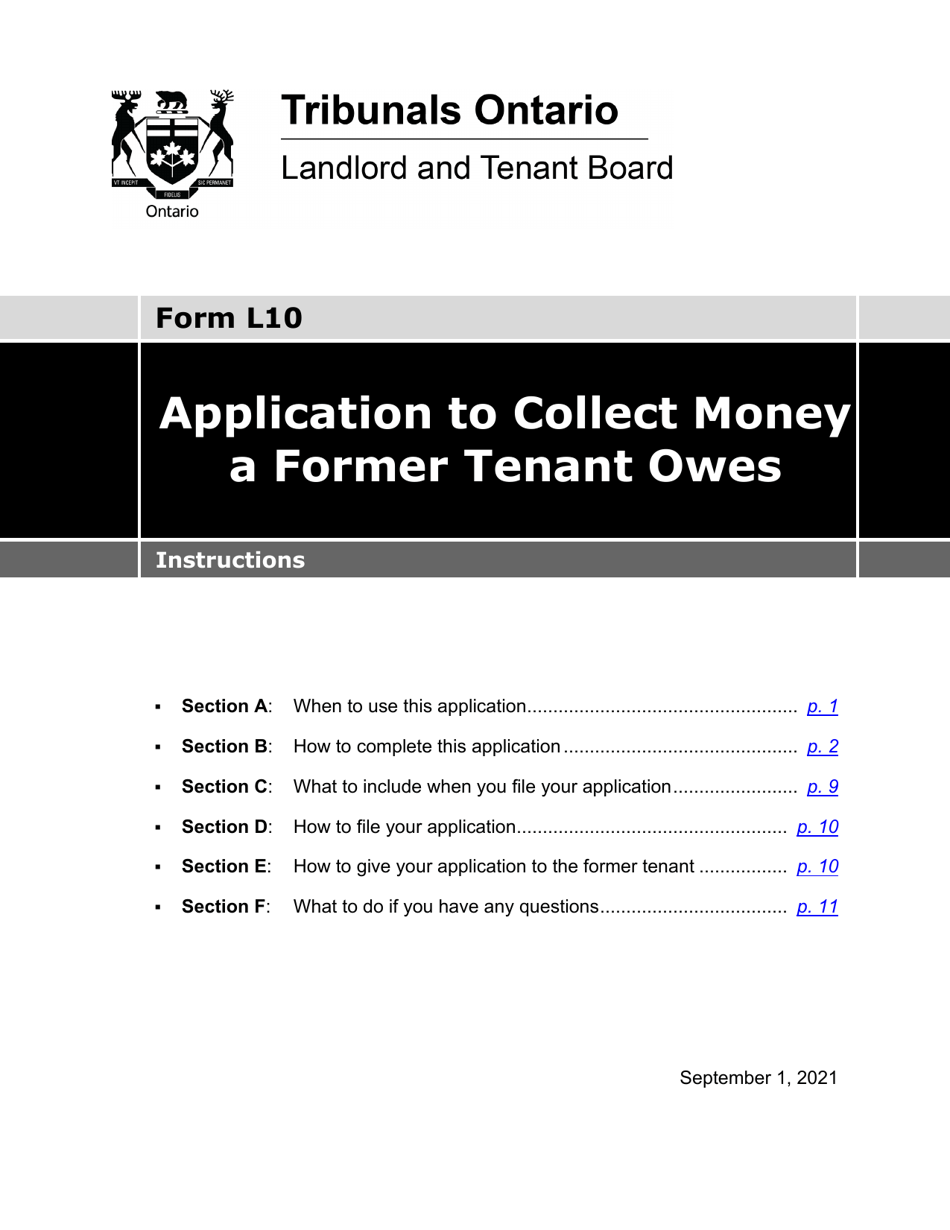 Instructions for Form L10 Application to Collect Money a Former Tenant Owes - Ontario, Canada, Page 1
