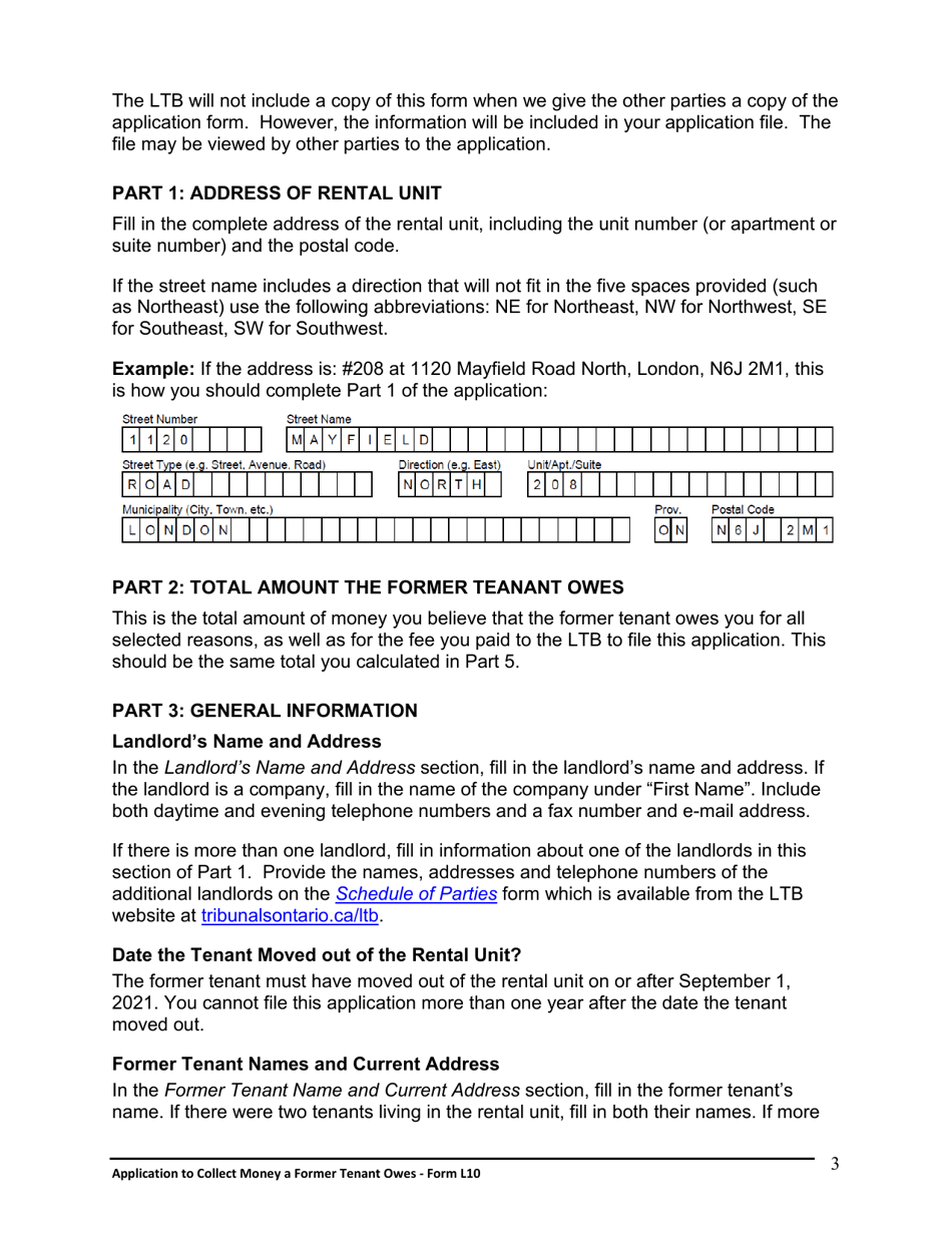 Instructions for Form L10 Application to Collect Money a Former Tenant Owes - Ontario, Canada, Page 4
