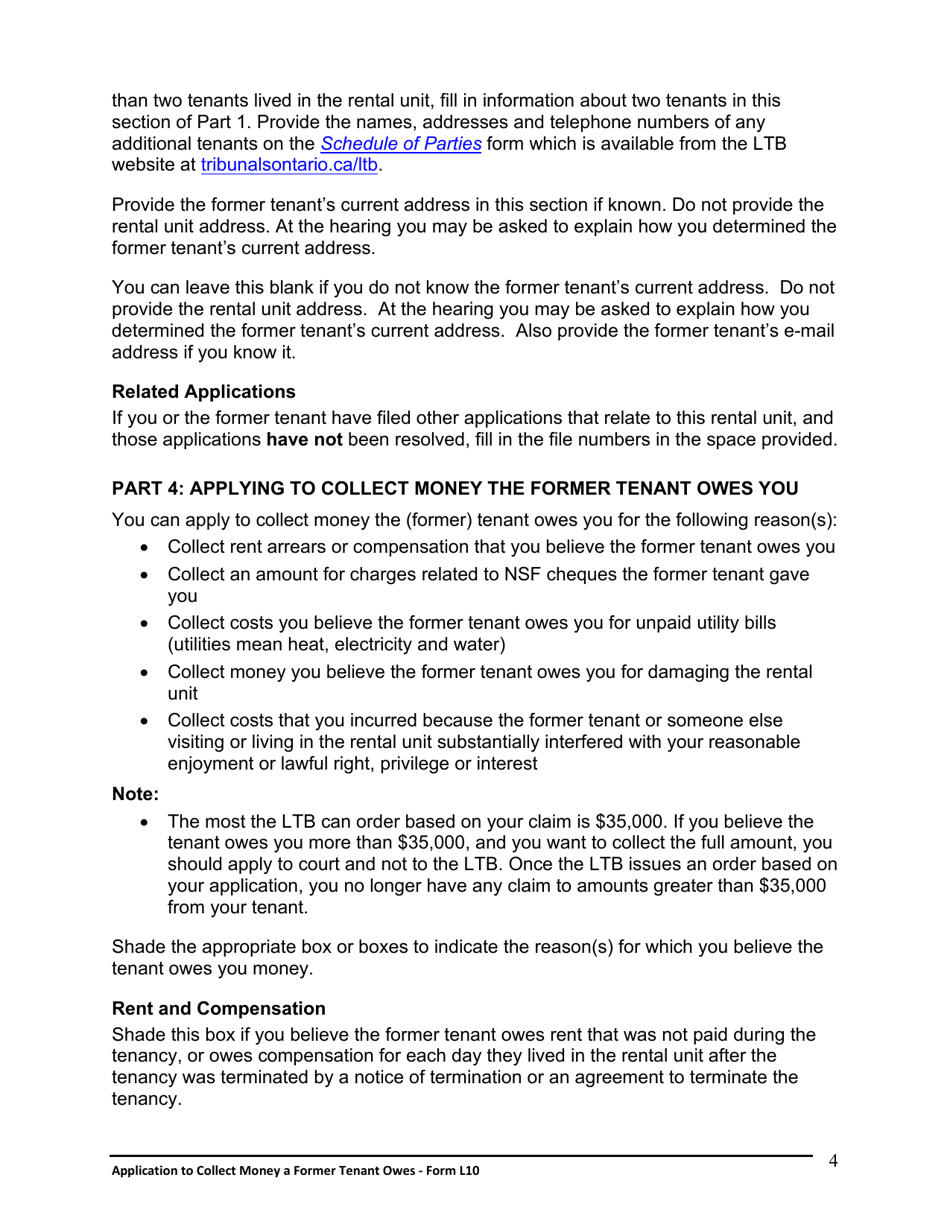 Instructions for Form L10 Application to Collect Money a Former Tenant Owes - Ontario, Canada, Page 5
