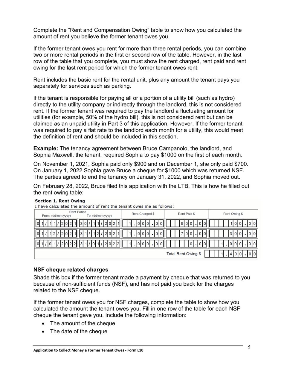 Instructions for Form L10 Application to Collect Money a Former Tenant Owes - Ontario, Canada, Page 6