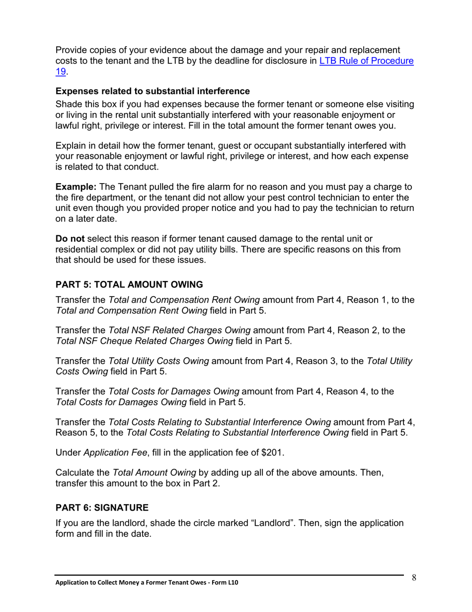 Instructions for Form L10 Application to Collect Money a Former Tenant Owes - Ontario, Canada, Page 9