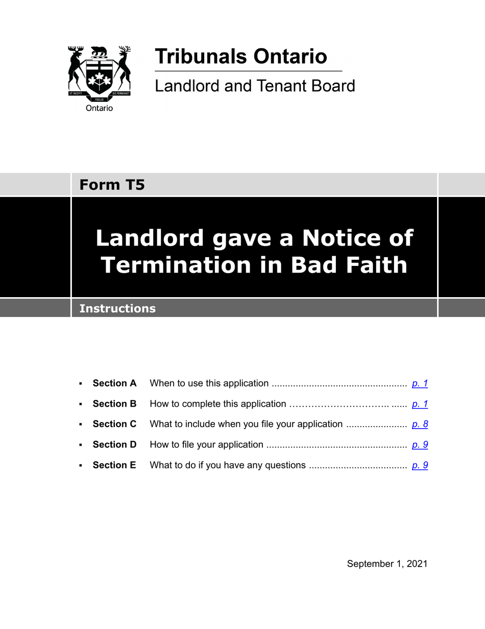 Instructions for Form T5 Landlord Gave a Notice of Termination in Bad Faith - Ontario, Canada, Page 1