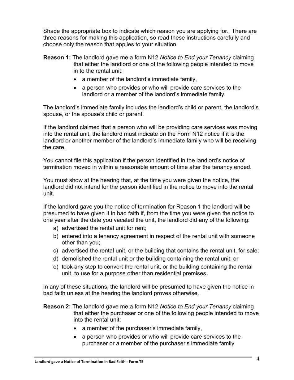 Instructions for Form T5 Landlord Gave a Notice of Termination in Bad Faith - Ontario, Canada, Page 5