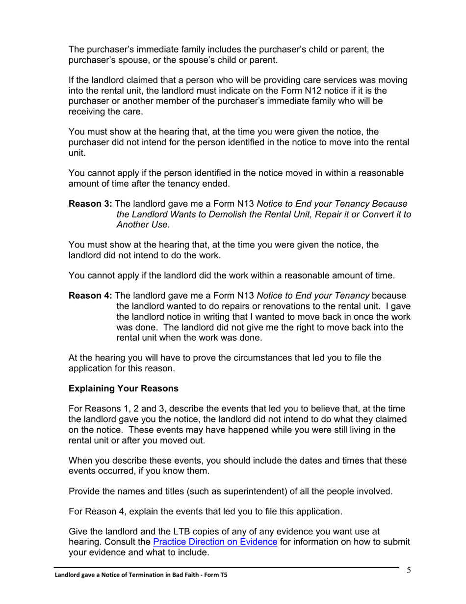 Instructions for Form T5 Landlord Gave a Notice of Termination in Bad Faith - Ontario, Canada, Page 6