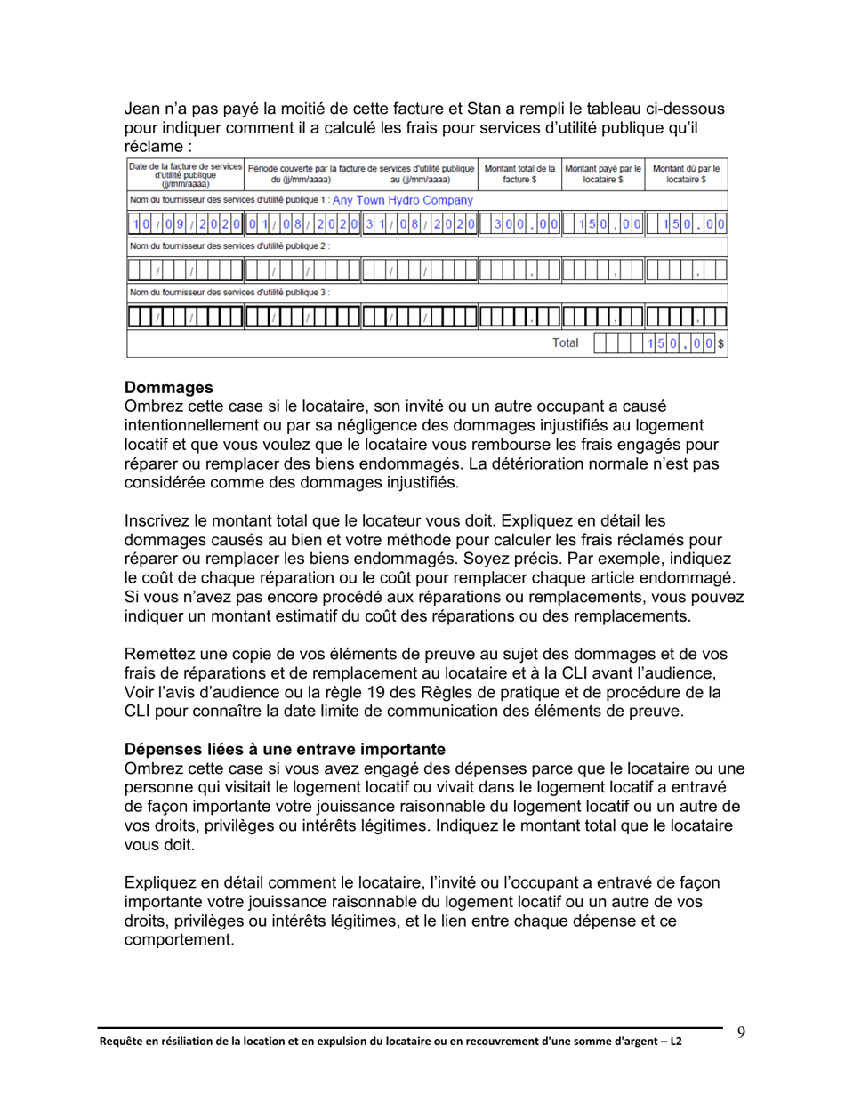 Instruction pour Forme L2 Requete En Resiliation De La Location Et En Expulsion Du Locataire Ou En Recouvrement Dune Somme Dargent - Ontario, Canada (French), Page 10