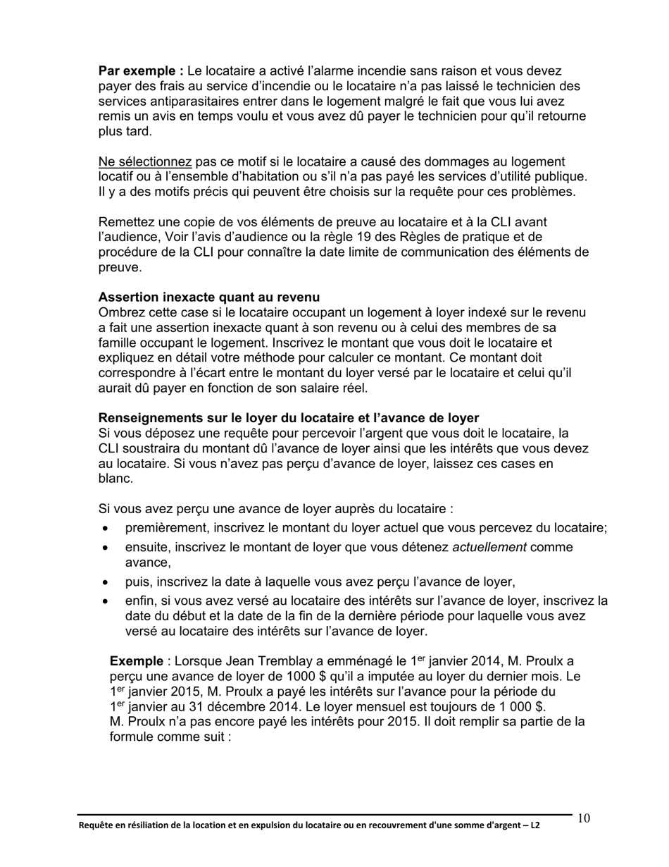 Instruction pour Forme L2 Requete En Resiliation De La Location Et En Expulsion Du Locataire Ou En Recouvrement Dune Somme Dargent - Ontario, Canada (French), Page 11
