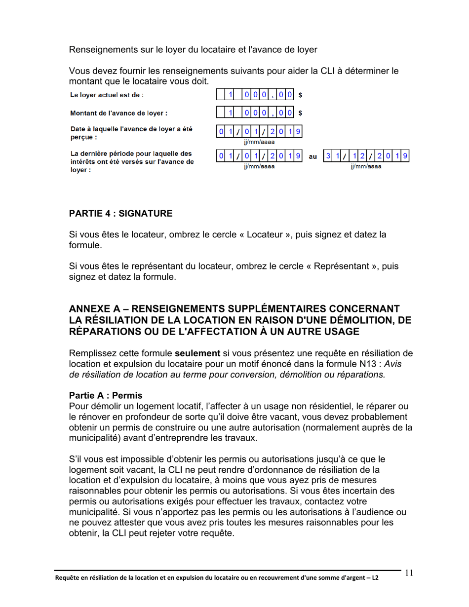 Instruction pour Forme L2 Requete En Resiliation De La Location Et En Expulsion Du Locataire Ou En Recouvrement Dune Somme Dargent - Ontario, Canada (French), Page 12