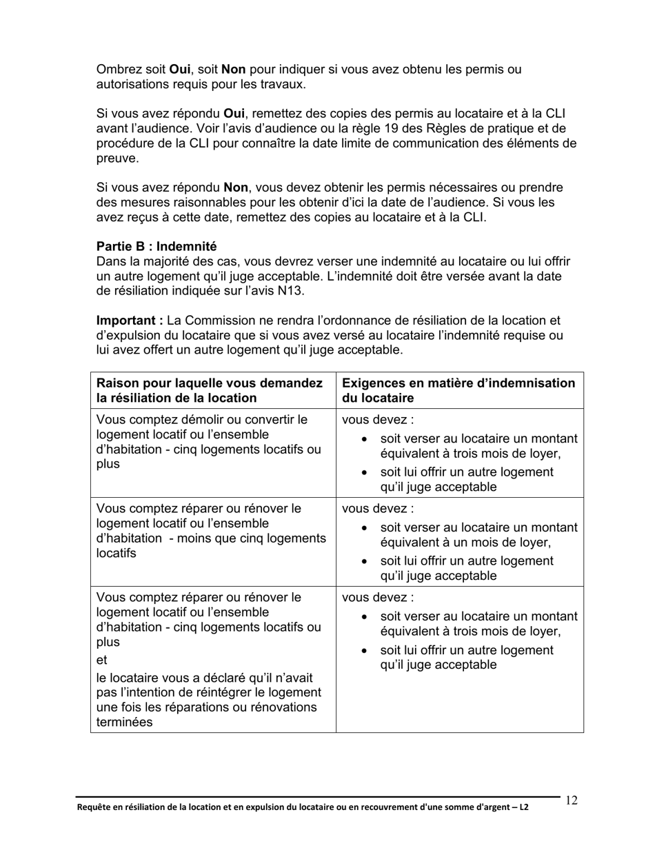 Instruction pour Forme L2 Requete En Resiliation De La Location Et En Expulsion Du Locataire Ou En Recouvrement Dune Somme Dargent - Ontario, Canada (French), Page 13