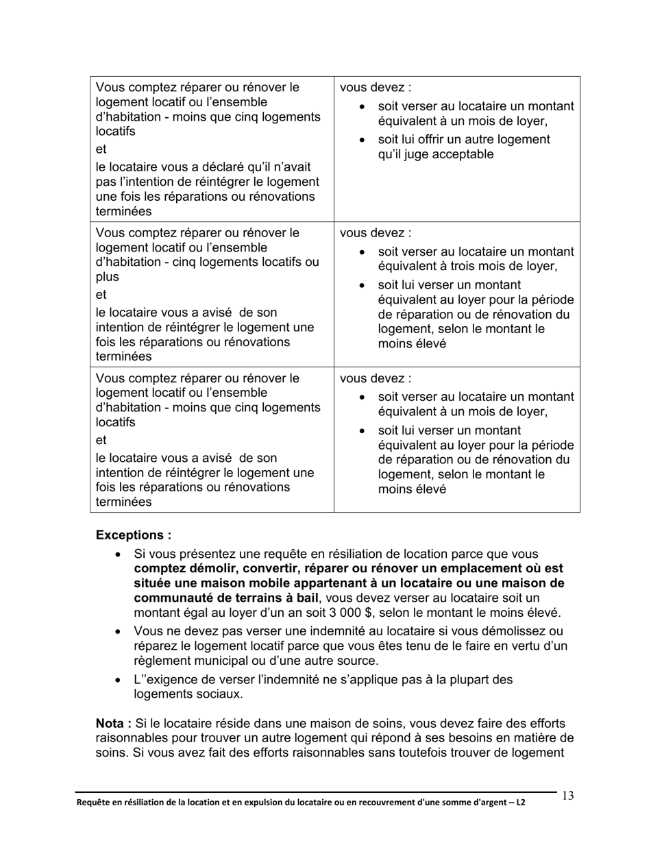 Instruction pour Forme L2 Requete En Resiliation De La Location Et En Expulsion Du Locataire Ou En Recouvrement Dune Somme Dargent - Ontario, Canada (French), Page 14