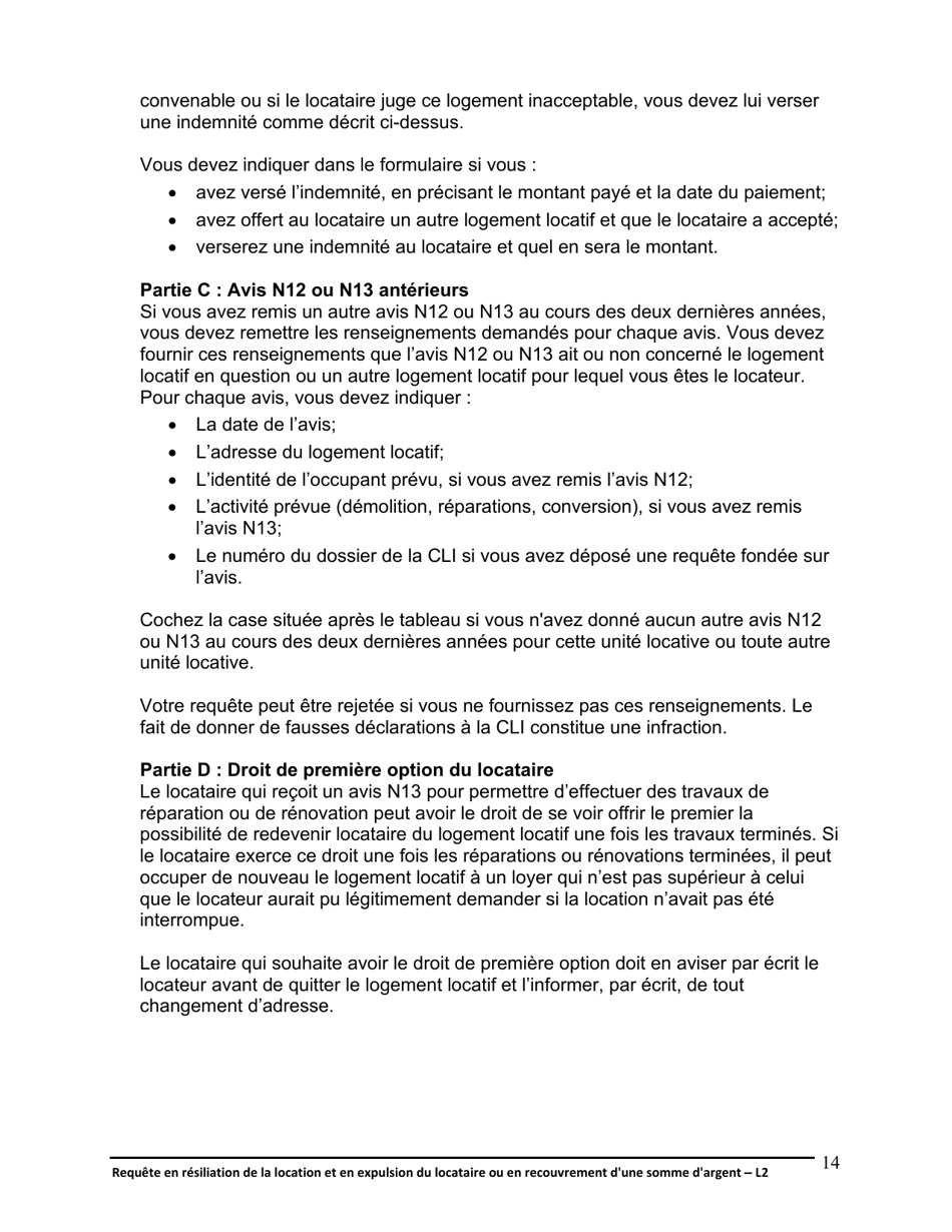 Instruction pour Forme L2 Requete En Resiliation De La Location Et En Expulsion Du Locataire Ou En Recouvrement Dune Somme Dargent - Ontario, Canada (French), Page 15