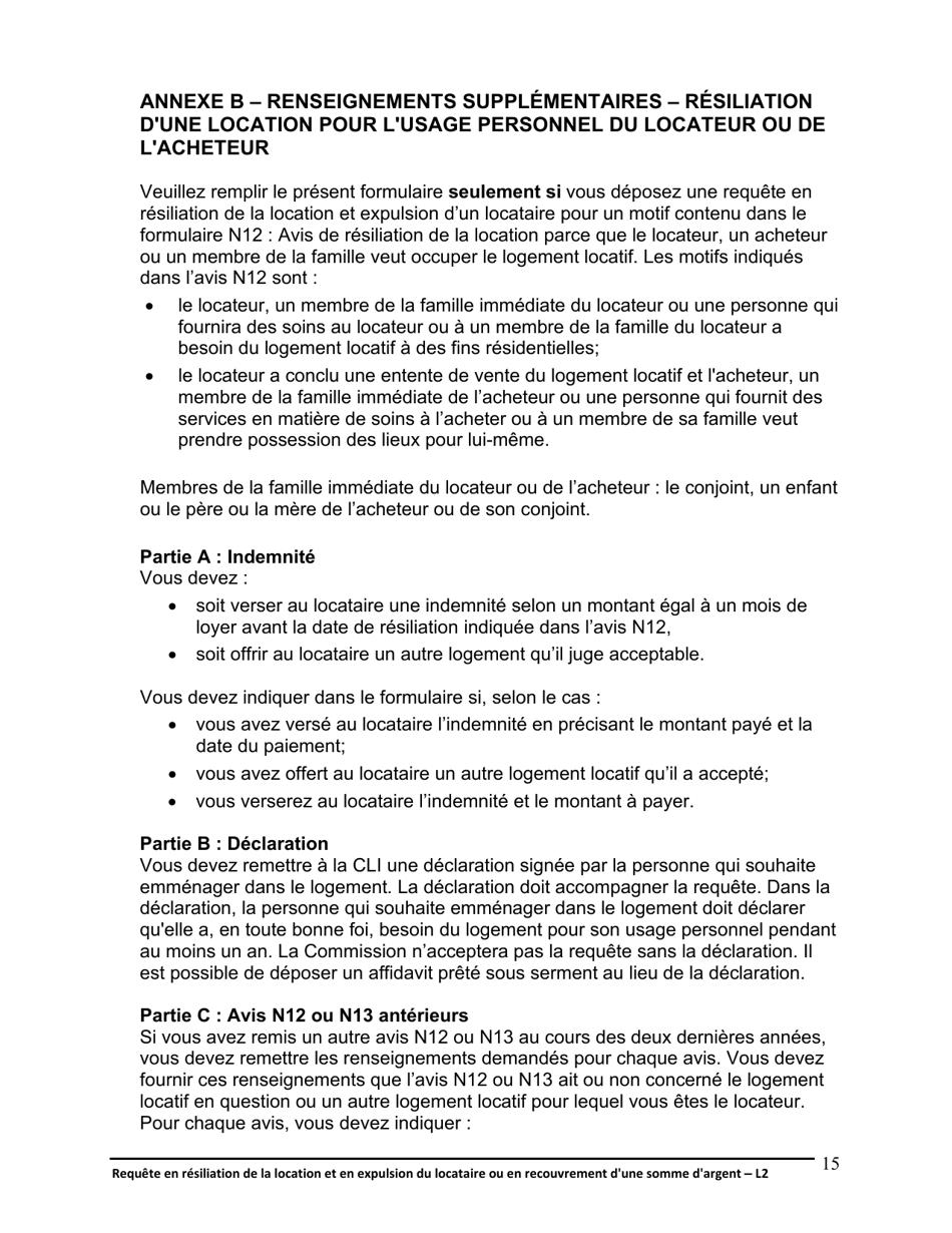 Instruction pour Forme L2 Requete En Resiliation De La Location Et En Expulsion Du Locataire Ou En Recouvrement Dune Somme Dargent - Ontario, Canada (French), Page 16