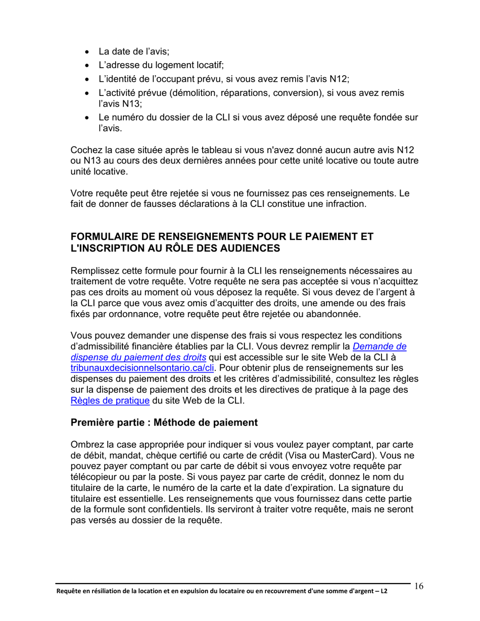 Instruction pour Forme L2 Requete En Resiliation De La Location Et En Expulsion Du Locataire Ou En Recouvrement Dune Somme Dargent - Ontario, Canada (French), Page 17