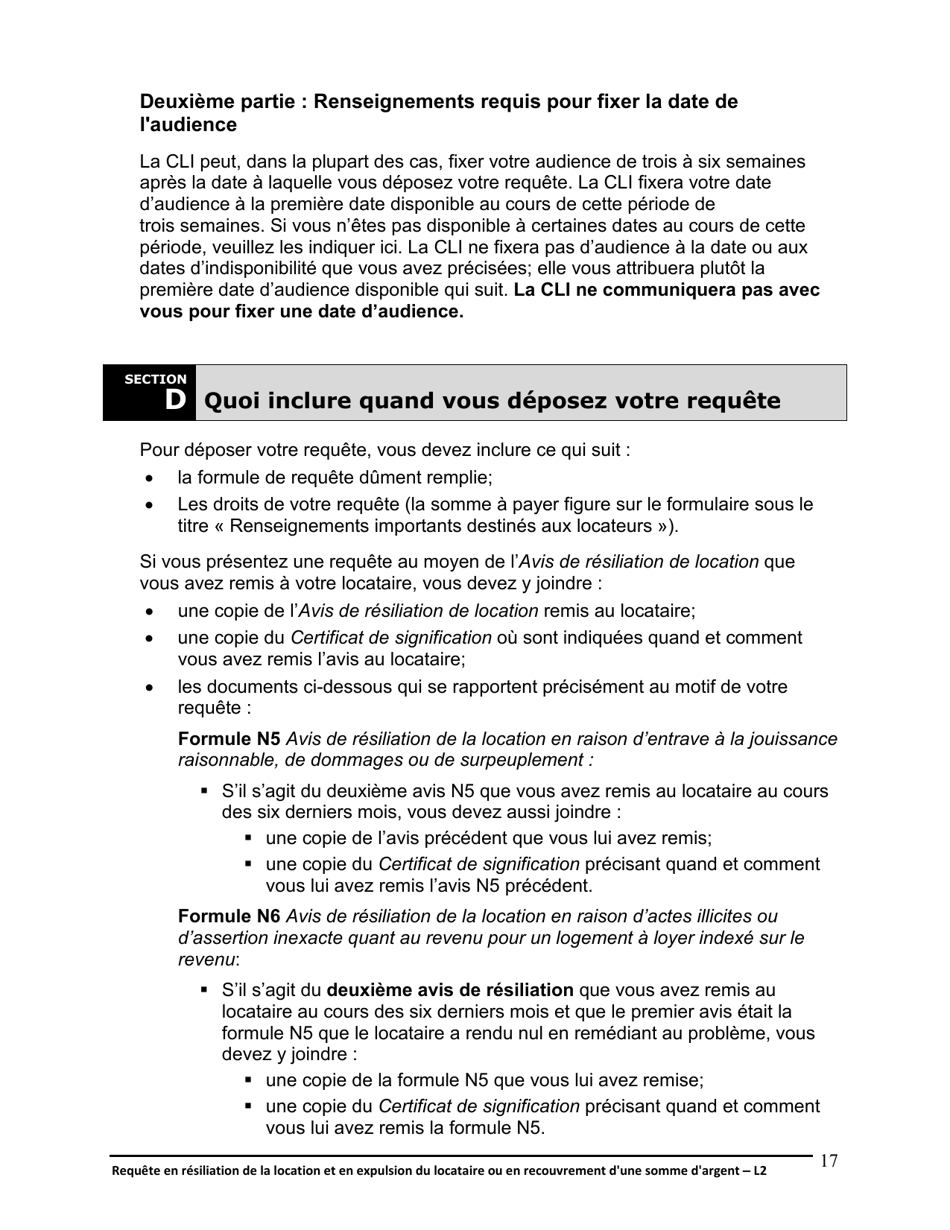 Instruction pour Forme L2 Requete En Resiliation De La Location Et En Expulsion Du Locataire Ou En Recouvrement Dune Somme Dargent - Ontario, Canada (French), Page 18