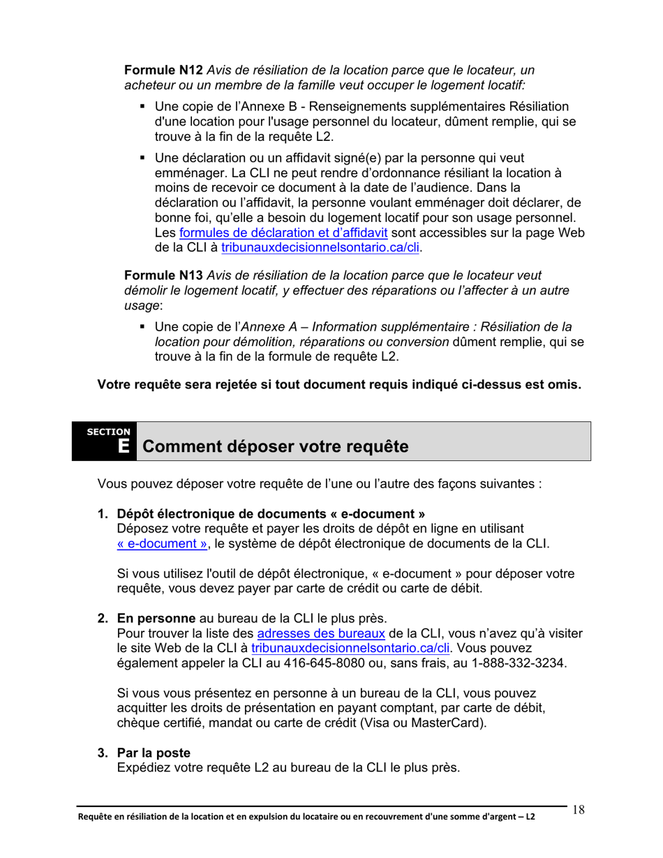 Instruction pour Forme L2 Requete En Resiliation De La Location Et En Expulsion Du Locataire Ou En Recouvrement Dune Somme Dargent - Ontario, Canada (French), Page 19