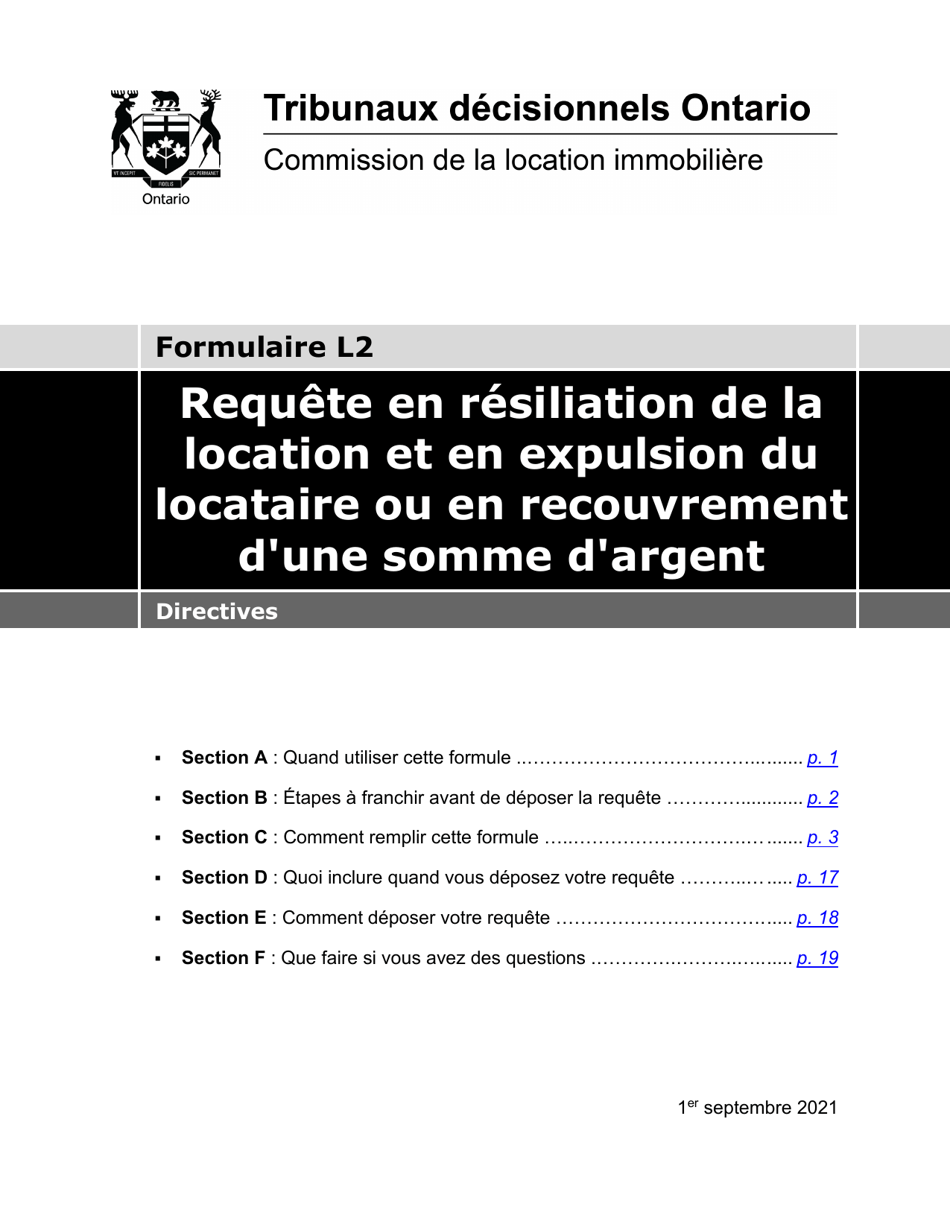 Instruction pour Forme L2 Requete En Resiliation De La Location Et En Expulsion Du Locataire Ou En Recouvrement Dune Somme Dargent - Ontario, Canada (French), Page 1