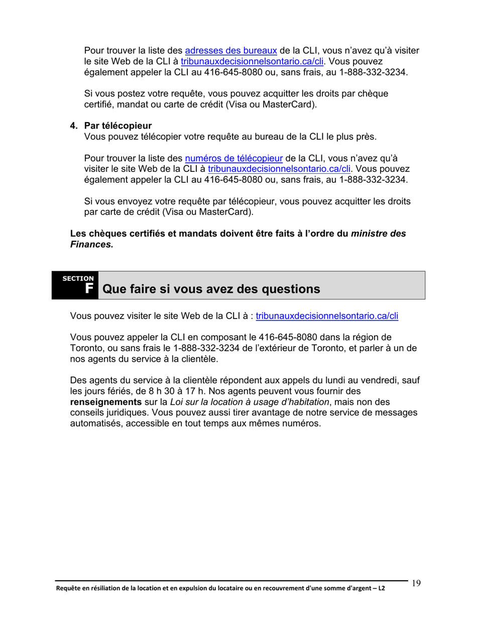 Instruction pour Forme L2 Requete En Resiliation De La Location Et En Expulsion Du Locataire Ou En Recouvrement Dune Somme Dargent - Ontario, Canada (French), Page 20