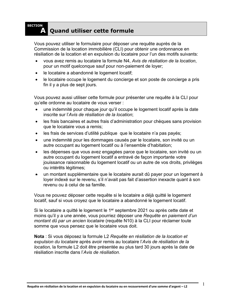 Instruction pour Forme L2 Requete En Resiliation De La Location Et En Expulsion Du Locataire Ou En Recouvrement Dune Somme Dargent - Ontario, Canada (French), Page 2