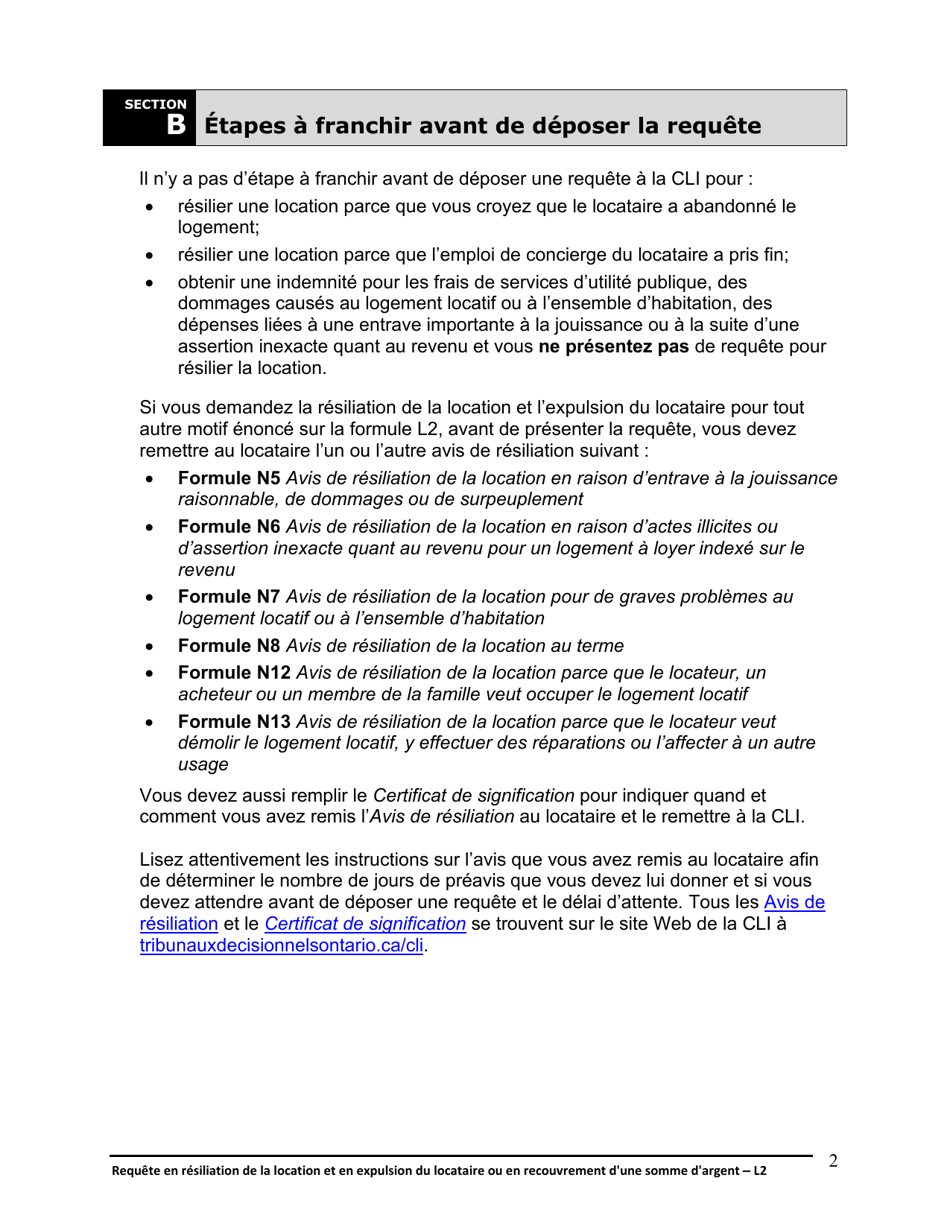 Instruction pour Forme L2 Requete En Resiliation De La Location Et En Expulsion Du Locataire Ou En Recouvrement Dune Somme Dargent - Ontario, Canada (French), Page 3
