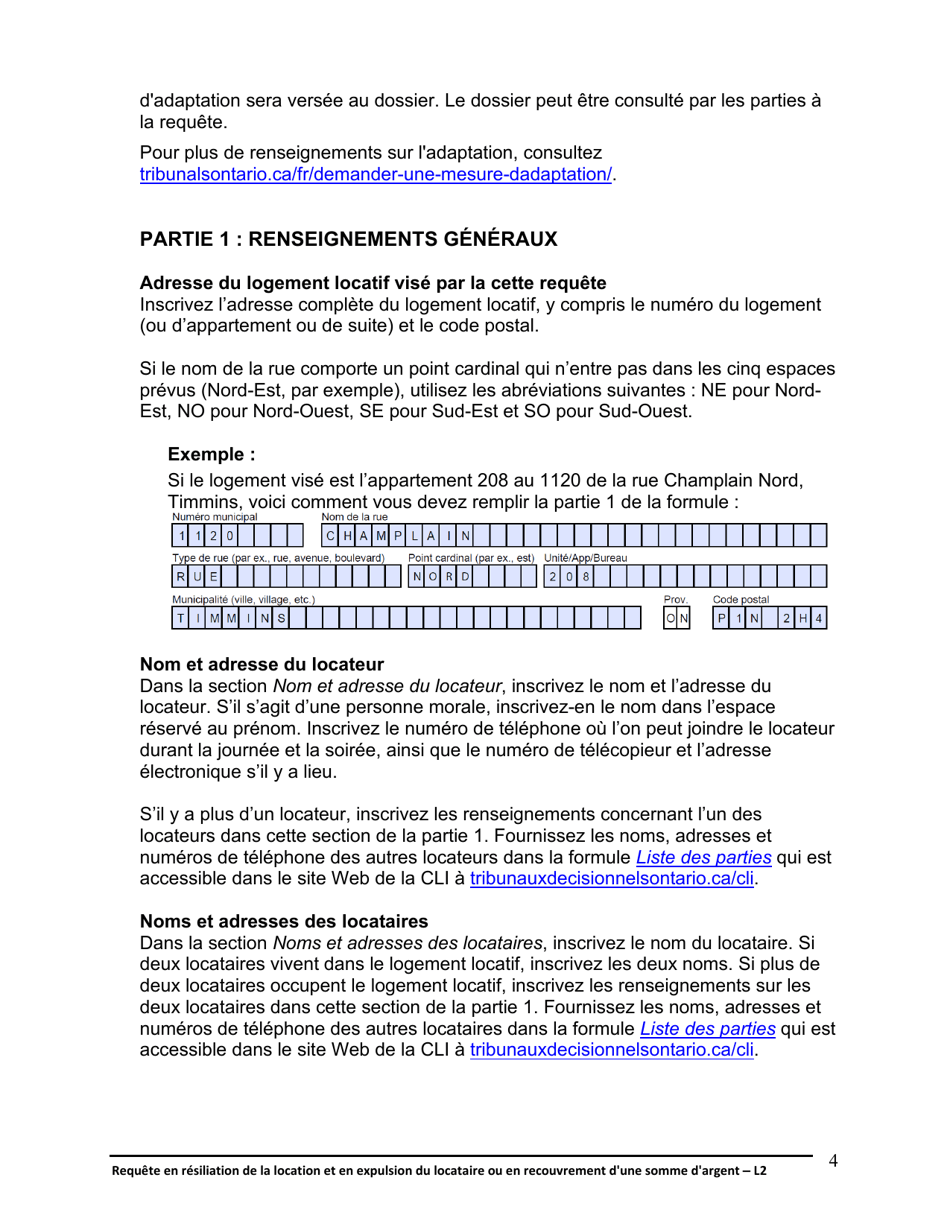 Instruction pour Forme L2 Requete En Resiliation De La Location Et En Expulsion Du Locataire Ou En Recouvrement Dune Somme Dargent - Ontario, Canada (French), Page 5