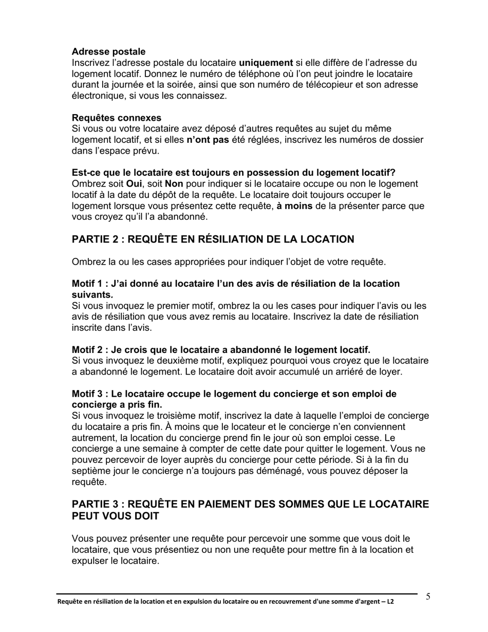 Instruction pour Forme L2 Requete En Resiliation De La Location Et En Expulsion Du Locataire Ou En Recouvrement Dune Somme Dargent - Ontario, Canada (French), Page 6