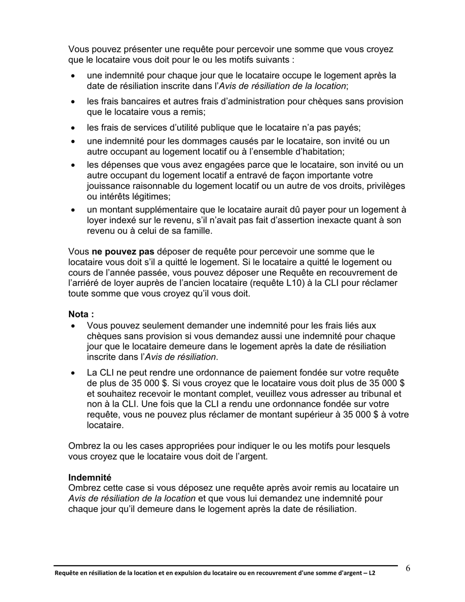 Instruction pour Forme L2 Requete En Resiliation De La Location Et En Expulsion Du Locataire Ou En Recouvrement Dune Somme Dargent - Ontario, Canada (French), Page 7