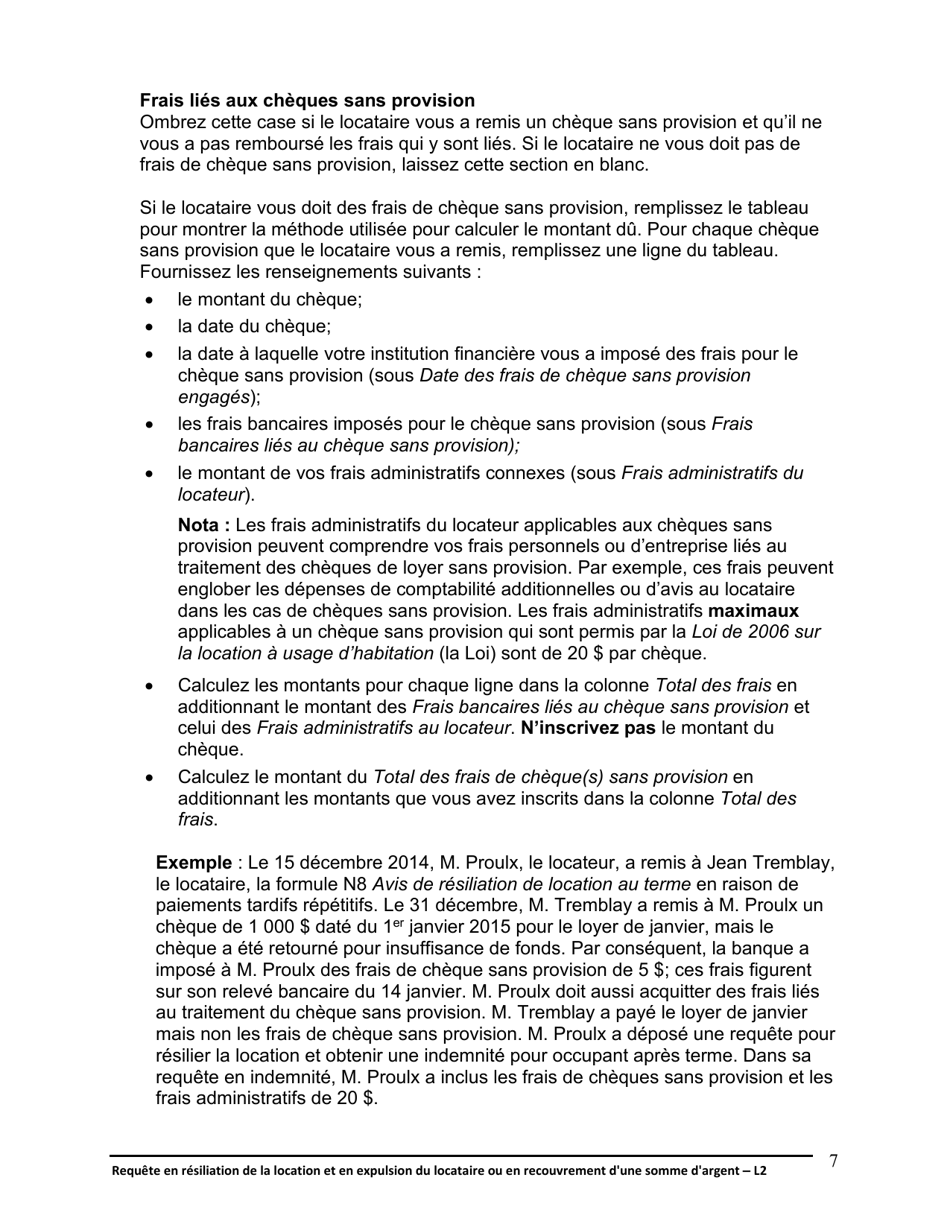 Instruction pour Forme L2 Requete En Resiliation De La Location Et En Expulsion Du Locataire Ou En Recouvrement Dune Somme Dargent - Ontario, Canada (French), Page 8