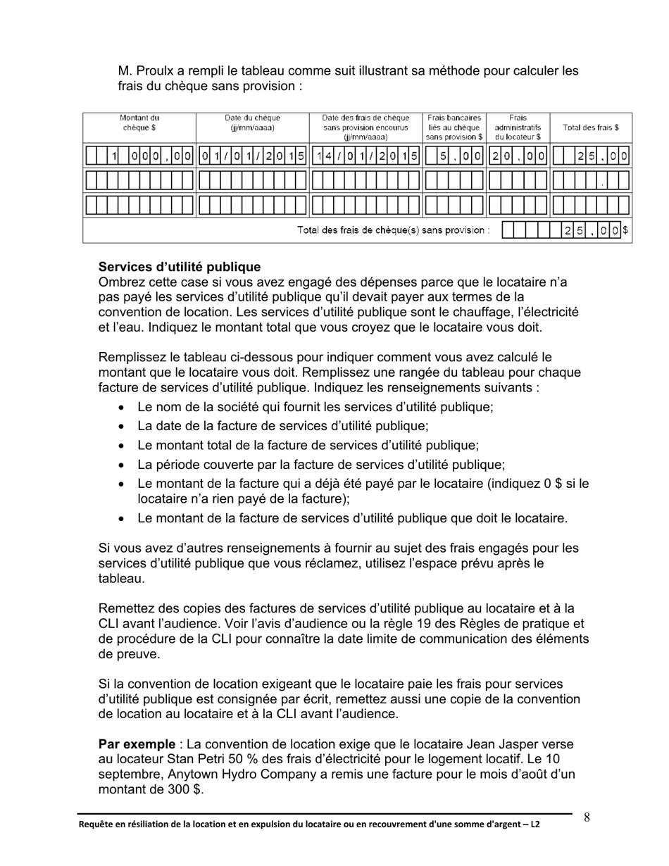 Instruction pour Forme L2 Requete En Resiliation De La Location Et En Expulsion Du Locataire Ou En Recouvrement Dune Somme Dargent - Ontario, Canada (French), Page 9