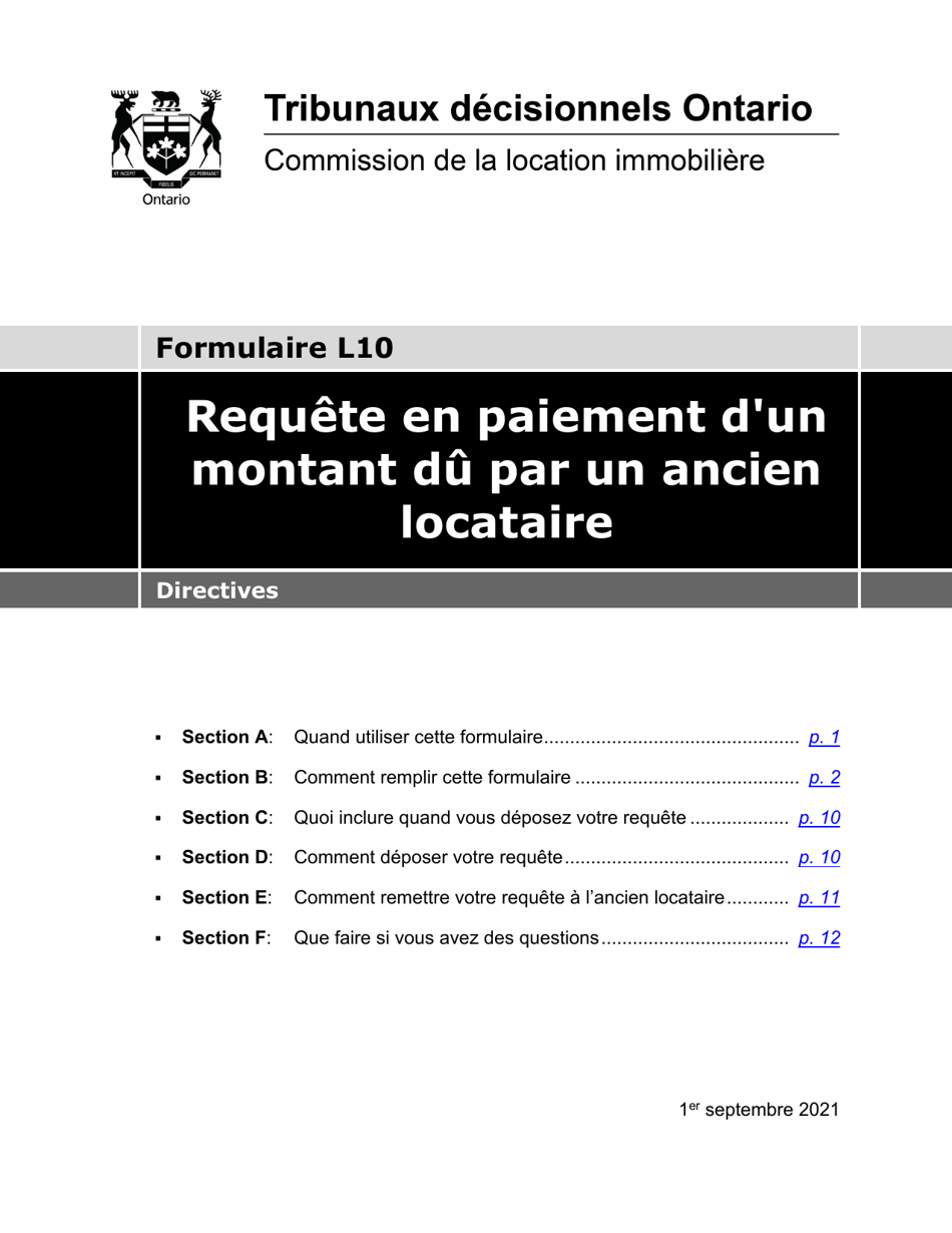 Instruction pour Forme L10 Requete En Paiement Dun Montant Du Par Un Ancien Locataire - Ontario, Canada (French), Page 1