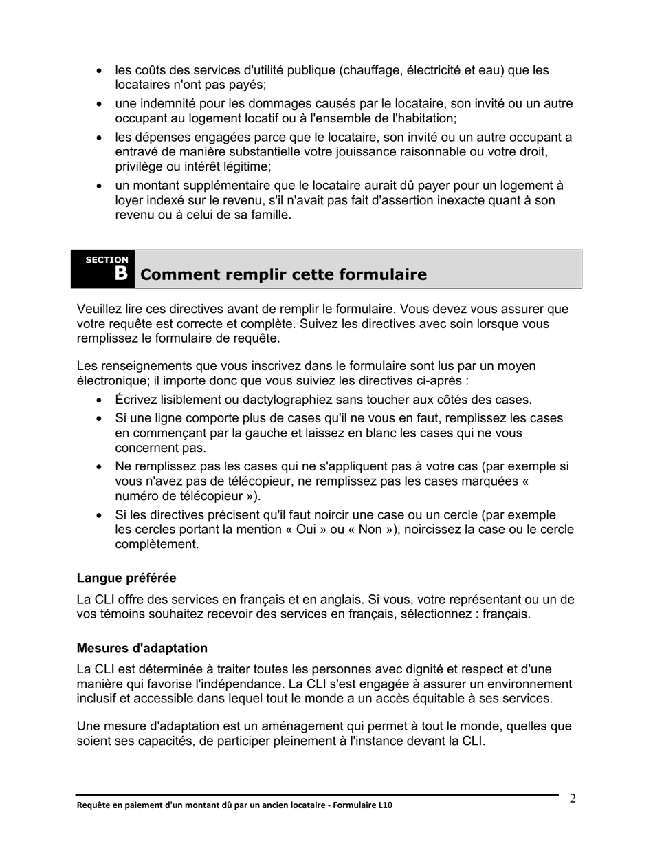 Instruction pour Forme L10 Requete En Paiement Dun Montant Du Par Un Ancien Locataire - Ontario, Canada (French), Page 3