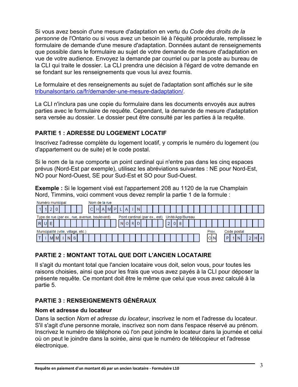 Instruction pour Forme L10 Requete En Paiement Dun Montant Du Par Un Ancien Locataire - Ontario, Canada (French), Page 4