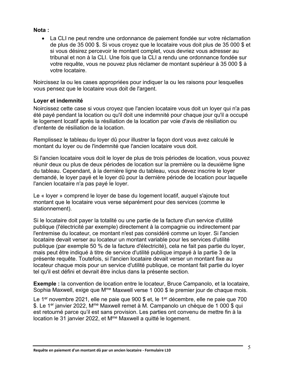 Instruction pour Forme L10 Requete En Paiement Dun Montant Du Par Un Ancien Locataire - Ontario, Canada (French), Page 6