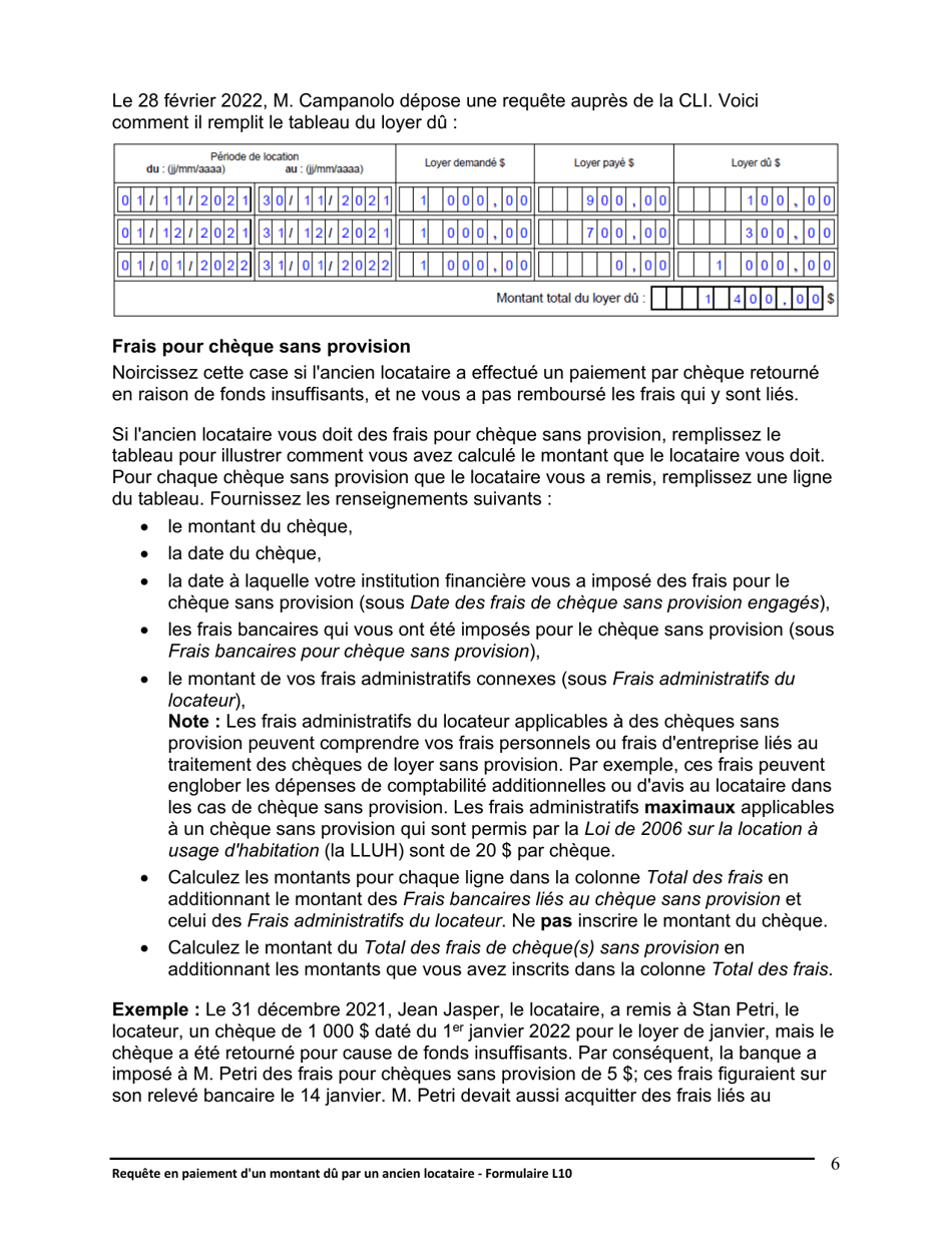 Instruction pour Forme L10 Requete En Paiement Dun Montant Du Par Un Ancien Locataire - Ontario, Canada (French), Page 7