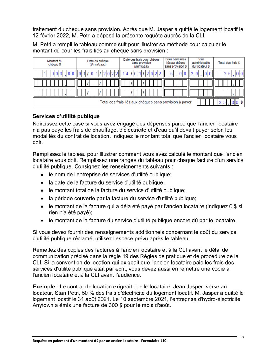 Instruction pour Forme L10 Requete En Paiement Dun Montant Du Par Un Ancien Locataire - Ontario, Canada (French), Page 8