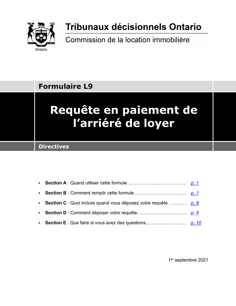 Instruction pour Forme L9 Requete En Paiement De Larriere De Loyer - Ontario, Canada (French), Page 1
