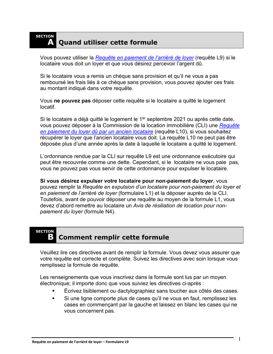 Instruction pour Forme L9 Requete En Paiement De Larriere De Loyer - Ontario, Canada (French), Page 2