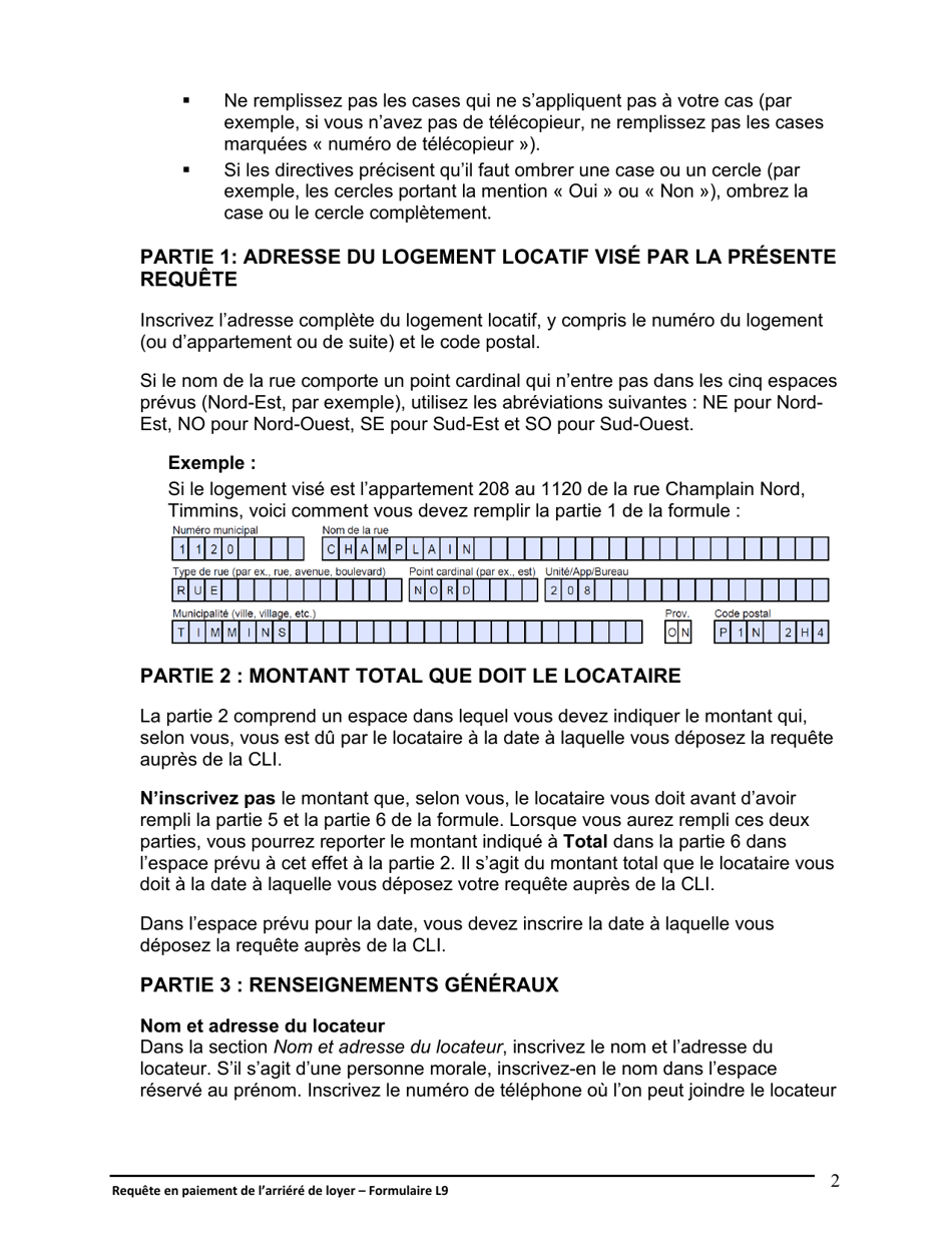 Instruction pour Forme L9 Requete En Paiement De Larriere De Loyer - Ontario, Canada (French), Page 3